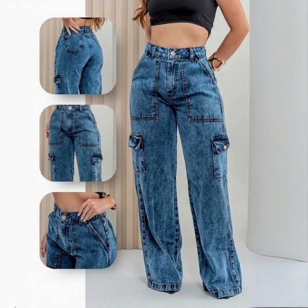 Calça Cargo Feminina Jeans Bolso Lateral Wid Leg 34 ao 44 Pantalona Cintura Alta