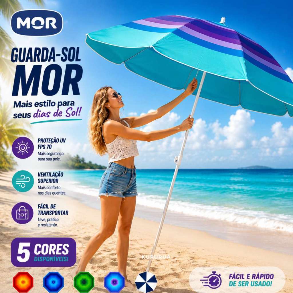 Guarda Sol Grande Praia Piscina com Proteção UV Resistente ao Vento Portátil Grande Colorido Saca Areia