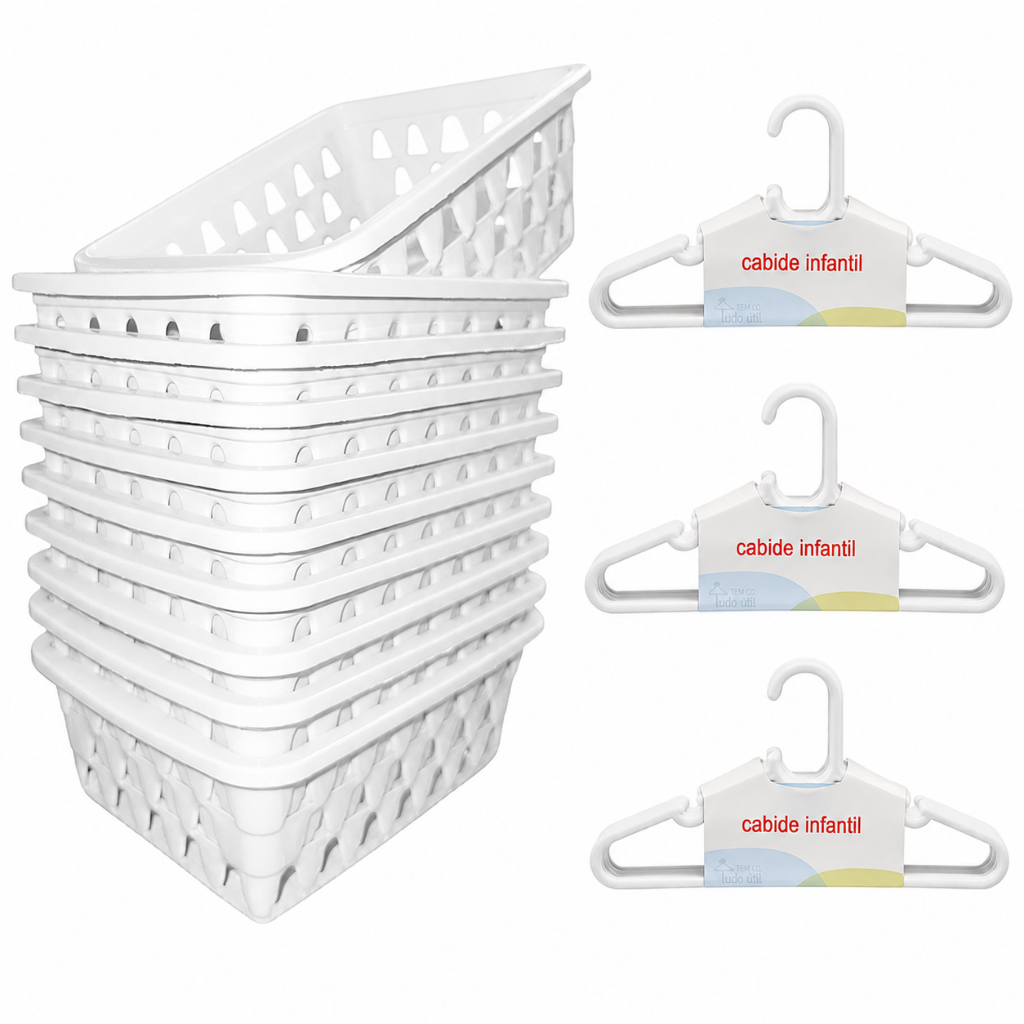 Kit 10 Cabides Infantil Branco + 10 Cestos Infantil Plástico Reforçado Criança Bebê Organizador