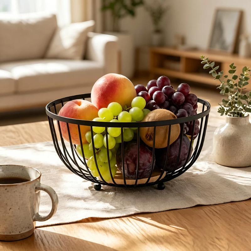 Detalhes do Fruteira de Mesa Rustica de Ferro e Bambu para Café da Manhã Multiuso de Metal Preto para Mesa