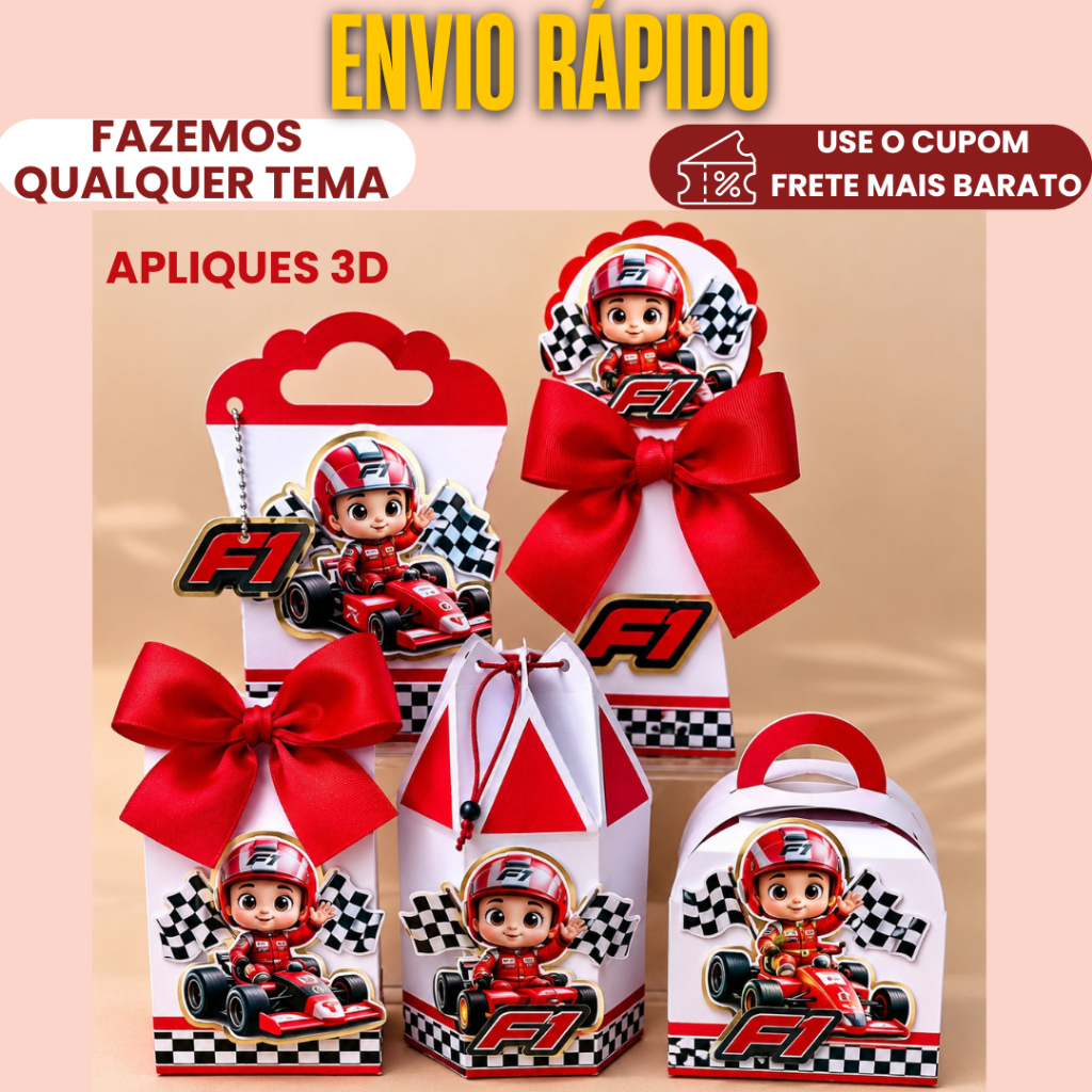 Kit Célebre Lembrancinha Carros formula 1 Personalizadas caixinhas para aniversário com apliques 3D│Pegue e Monte