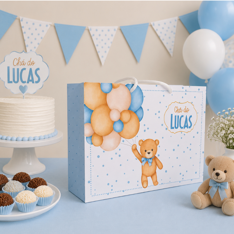 Kit Festa Sacolinha Personalizada Ursinho Azul Menino | Lembrancinha de Aniversário | Chá de Bebê