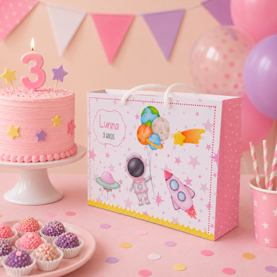 Kit Festa Sacolinha Personalizada Astronauta Menina | Lembrancinha de Aniversário