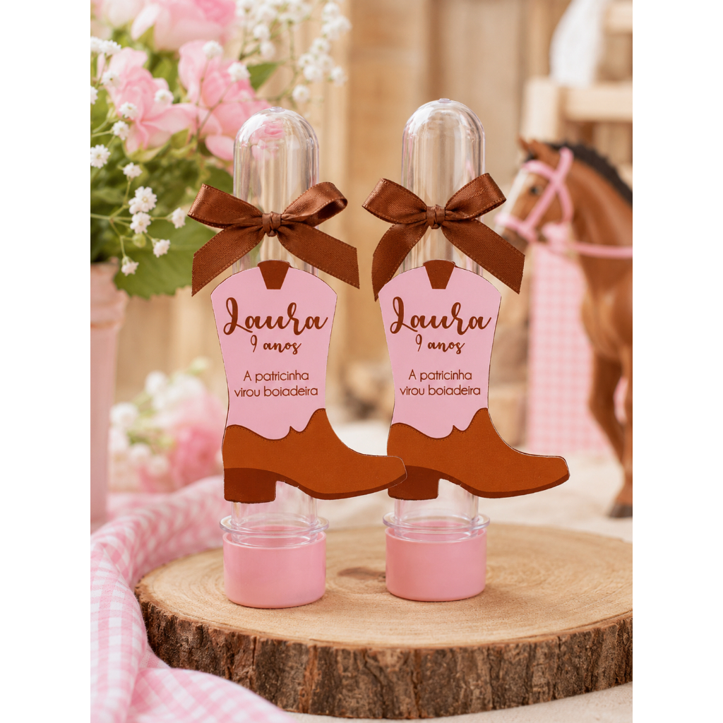 Aplique papel fotográfico personalizados lembrancinha bota boiadeira fazendinha Country cowboy rosa