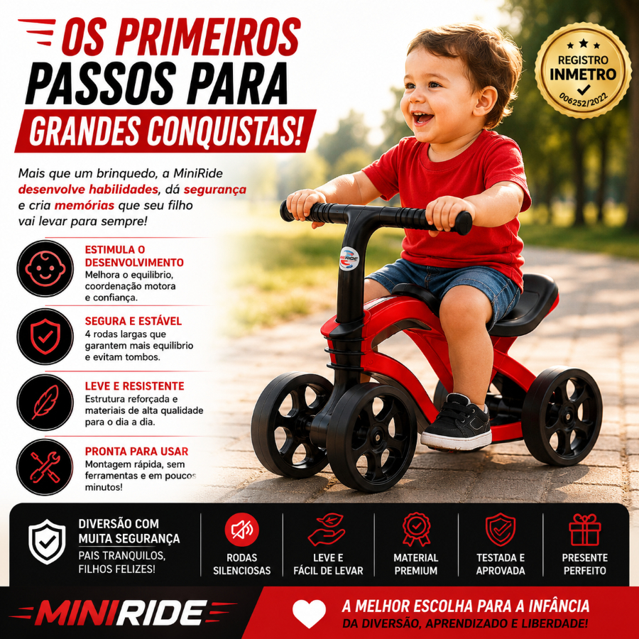 Bicicleta Equilíbrio Andador Futurista MiniRide Infantil Sem Pedal 4 Rodas Vermelha