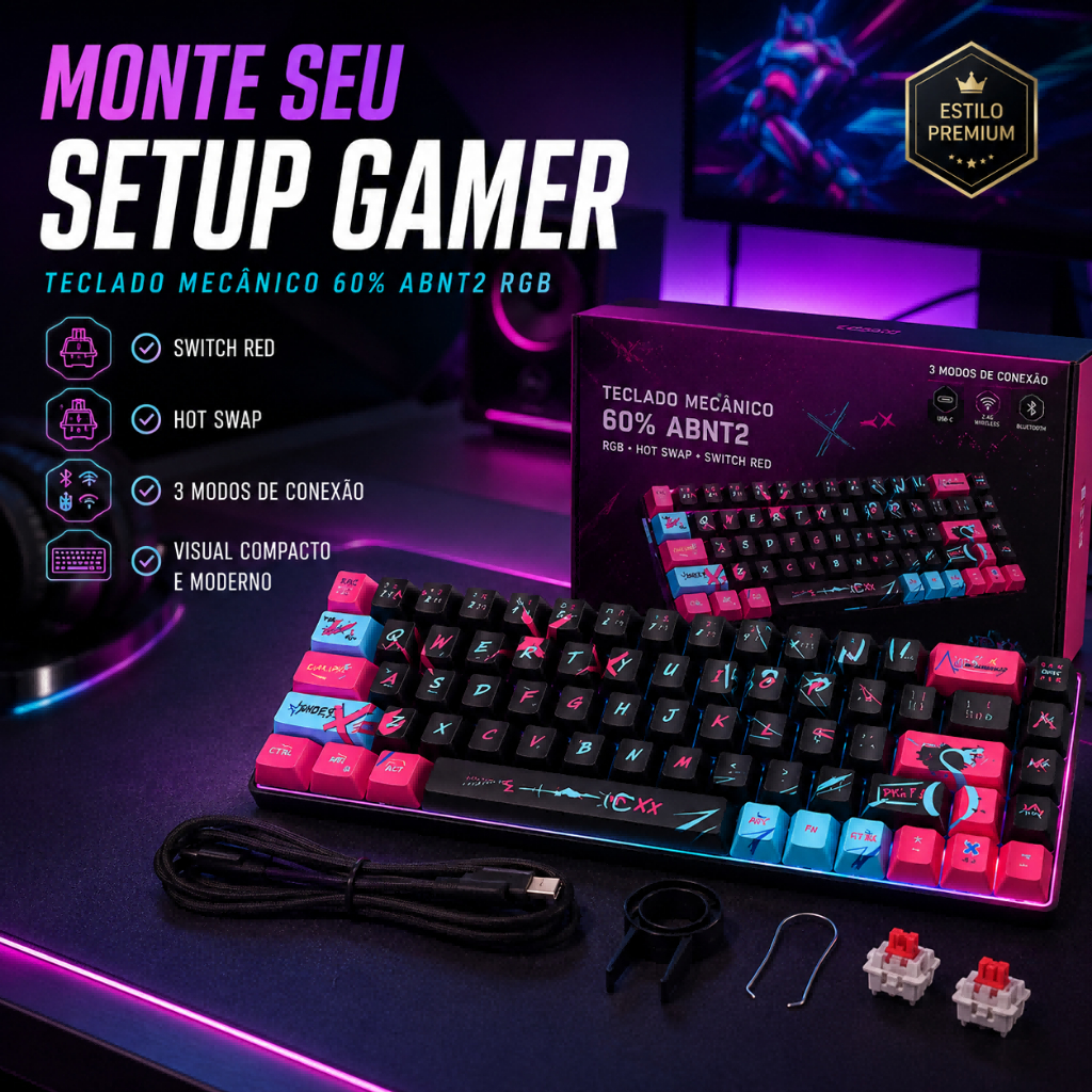 Teclado Gamer Wireless 60% ABNT2 RGB Switch Red Hot Swap Bluetooth 2.4G USB-C
