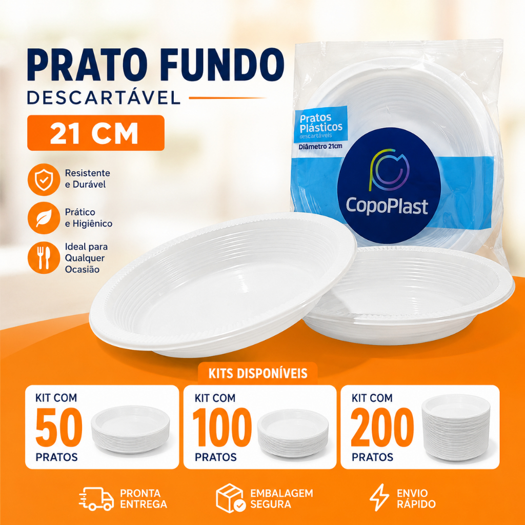 Prato Descartável Fundo 21cm Refeição Kit Com 50, 100 ou 200 Unidades