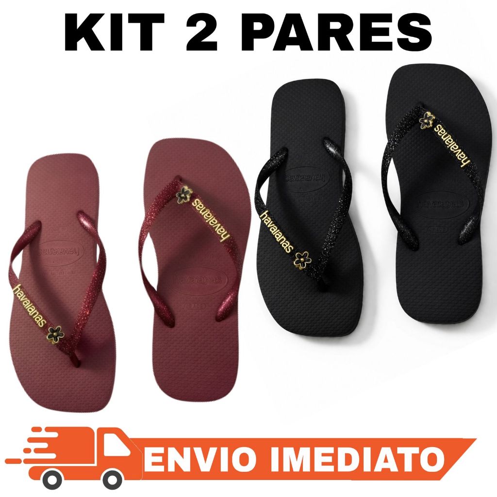 Kit Com 2 Pares de Chinelos Femininos com Glitter e Pingente - Envio Imediato