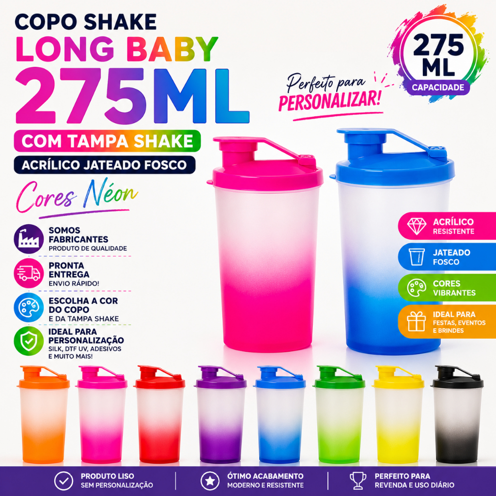 Kit 5 Copo Shake Long Baby 275ml com Tampa Shake | Acrílico Jateado Fosco | Cores Néon para Personalizar |
