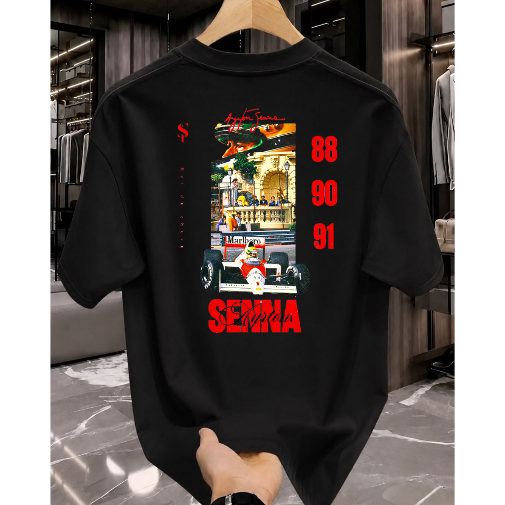 camisa camiseta basica masculina estampado F1 AIRTON SENNA 100% algodão malha fina confortavel infantil e pluss size