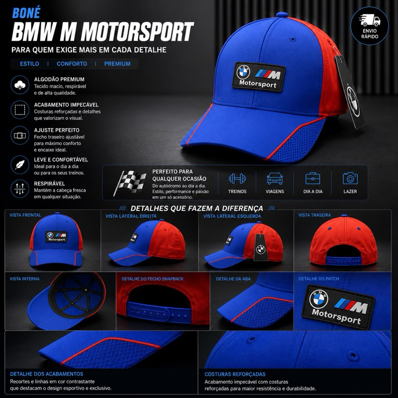 BONE ESTILO MOTORSPORT PREMIUM AZUL E VERMELHO SÍMBOLO EMBORRACHADO BMW