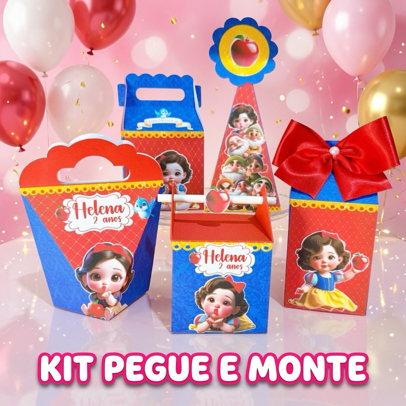 Kit Caixinhas Personalizado Branca de Neve Cute l MONTE EM CASA Lembracinha Festa Infantil