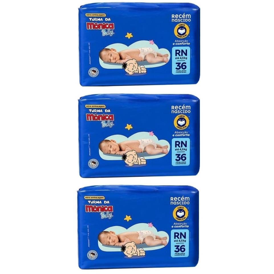 Kit 3ptes Fralda RN Turma da Mônica 36un cada - Total 108un