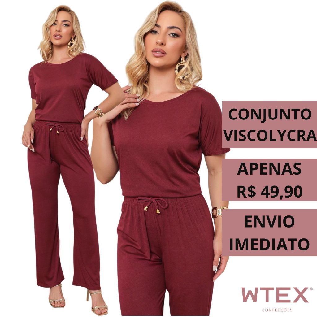 Conjunto Feminino VISCOLYCRA Blusa Camiseta Manga Curta Calça Pantalona Cintura Alta Comfy