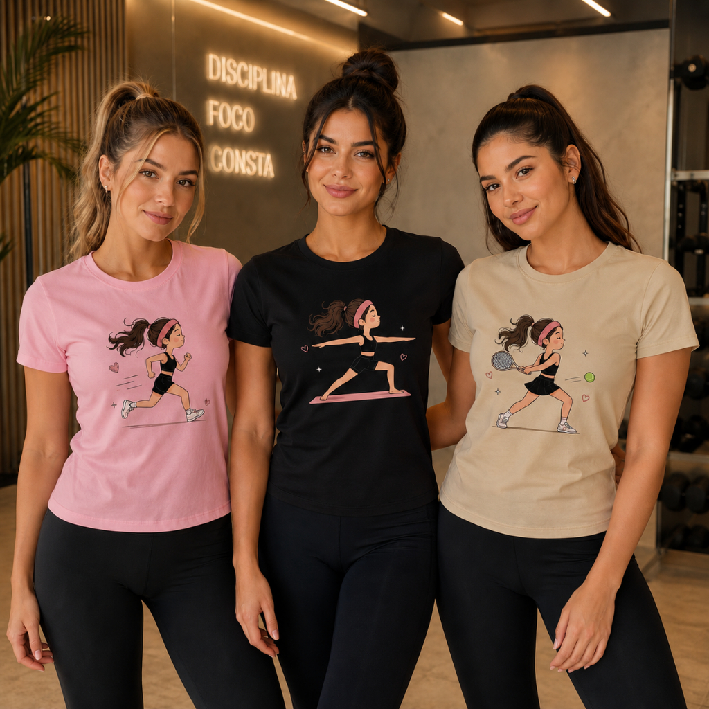 Kit com 3 Camisetas Femininas Esporte e Academia 100% Algodão