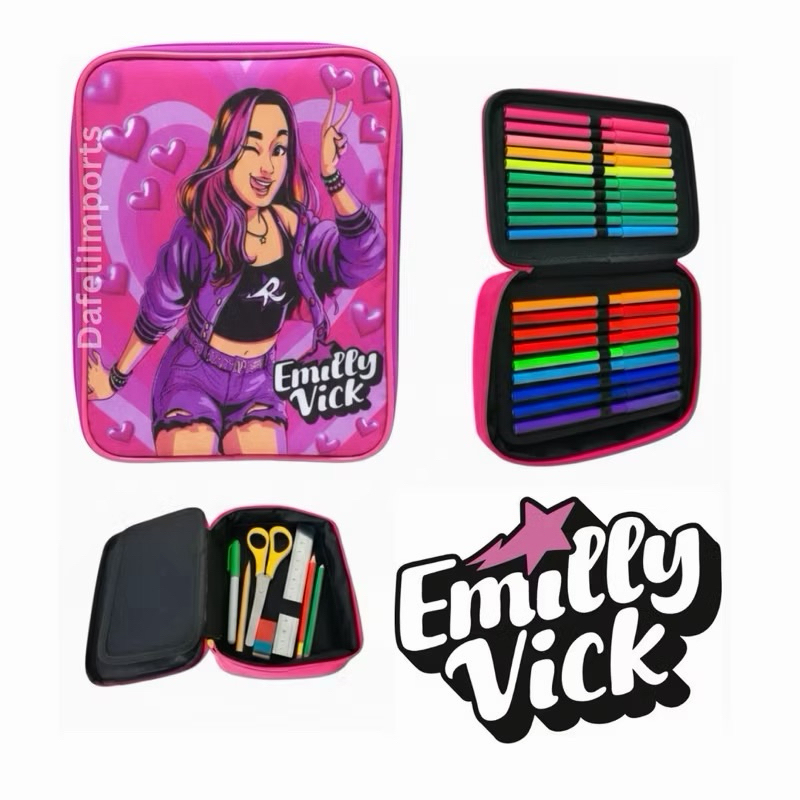 Estojo Box Emilly Vick Turma dos Rosa Katlen Grande Escolar Infantil Juvenil Menina 100 Pens Organizador Lápis Caneta