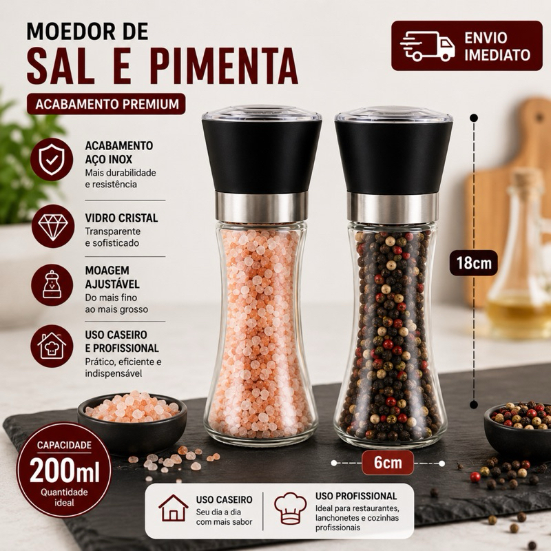 Moedor de Sal e Pimenta 1 Und Moe Temperos Mesa Bar Cozinha Inox e Vidro 200ml Resistente