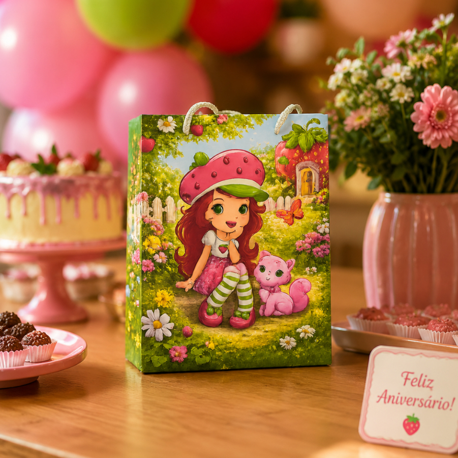Sacolinha Surpresa Personalizada Festa Infantil Moranguinho Lembrancinha Aniversário Pegue e Monte