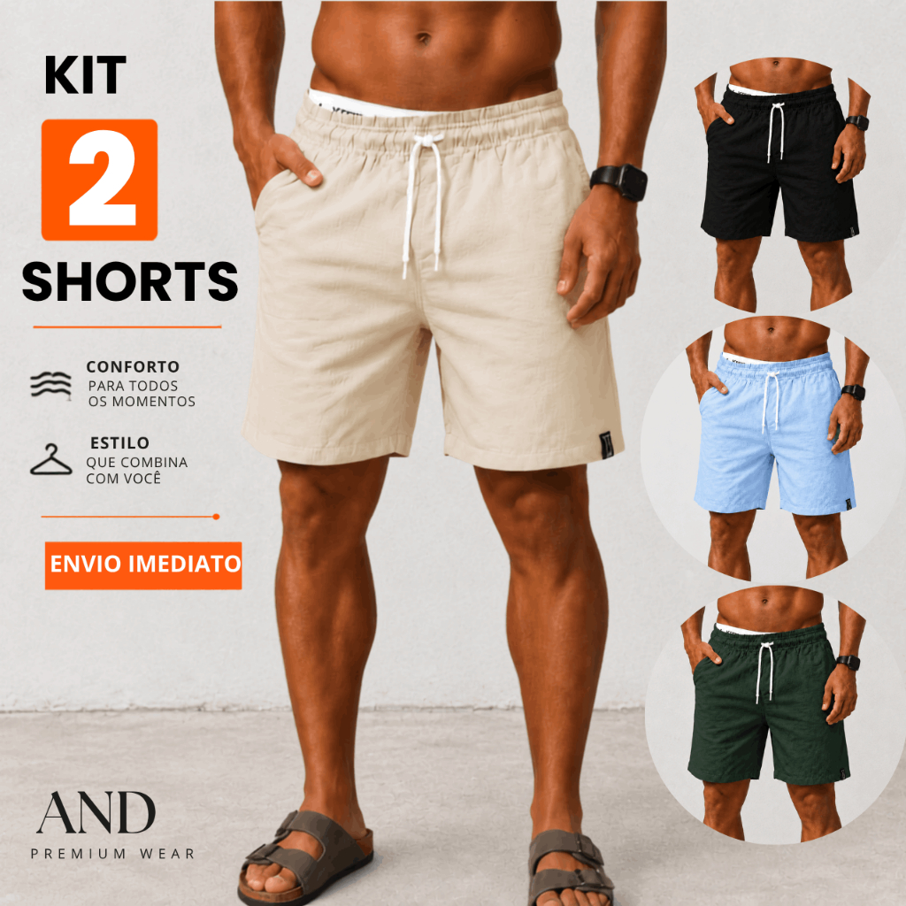 Kit 2 Shorts Linho Masculino Básico Mauricinho Premium - Bermuda em Linho moda Praia verão
