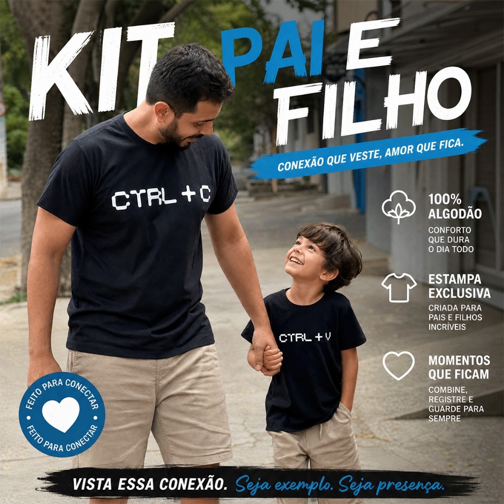 Conjunto Kit Pai e Filho 2 Camisetas "Ctrl C Ctrl V" T-Shirt Adulto e Infantil em Algodão de Dia dos Pais