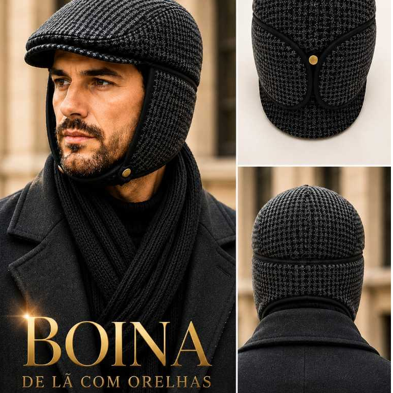 Boina Masculina de Lã Inverno com Protetor de Orelhas e Nuca