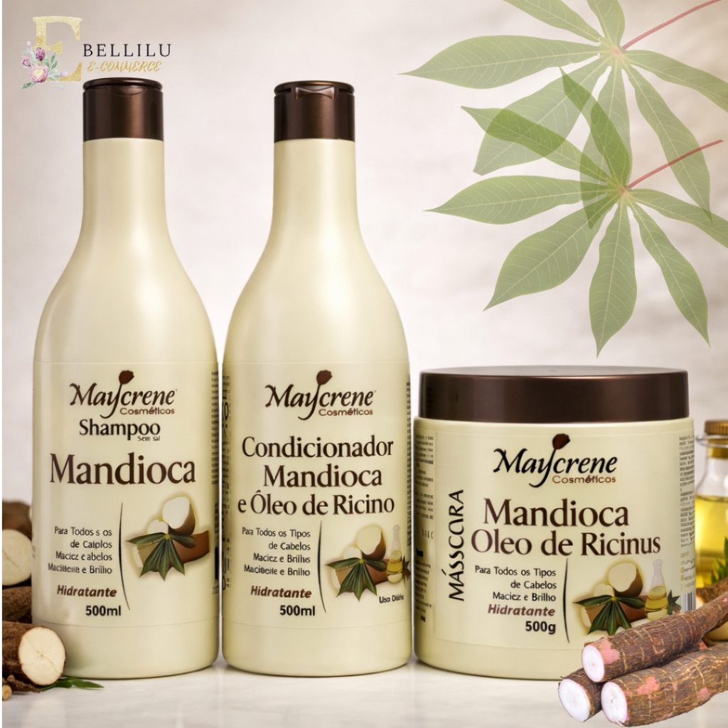 Kit Mandioca e Óleo de Ricinus 500ML Shampoo Condicionador Máscara 3 Produtos- ENVIO IMEDIATO