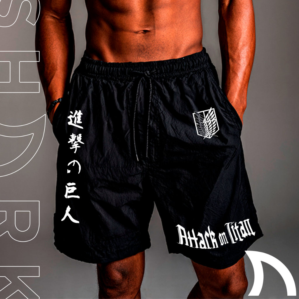 Short Bermuda Masculina Tactel Anime Attack On Titan Manga Simbolos Japanese Streetwear Leve Treino Gym Luta Esportivo