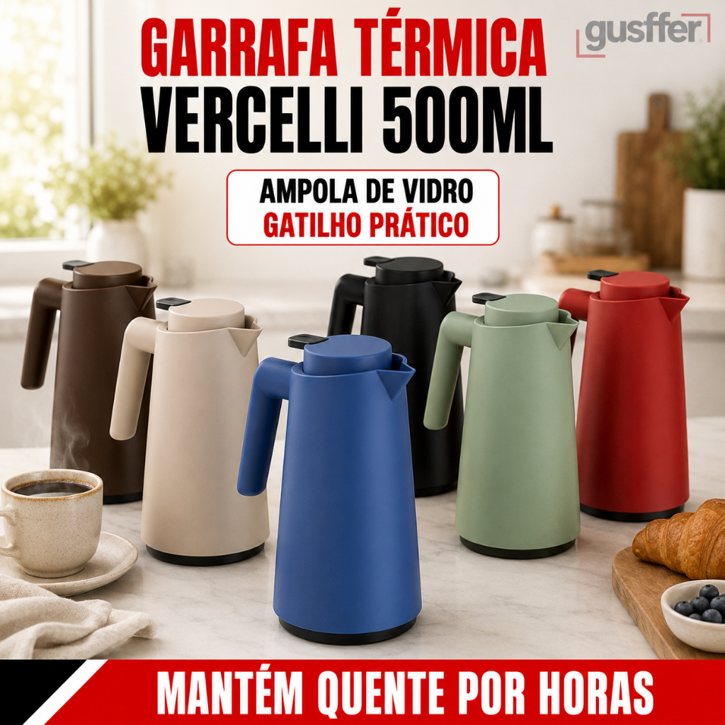 Garrafa Térmica Vercelli 500ml Unitermi Bule com Gatilho Ampola de Vidro Café Chá Escritório Cozinha
