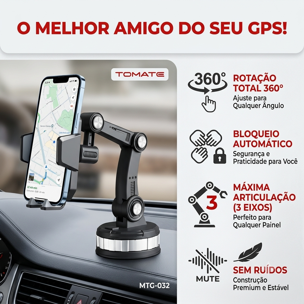 Suporte Veicular para Celular MTG-032 com Ventosa 3 Eixos 360° Ajustável para GPS e Smartphones