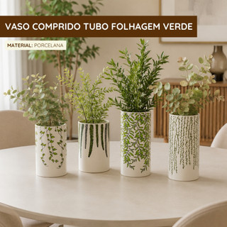 Vaso Cumprido Tubo Folhagem Verde Porcelana - Unidade