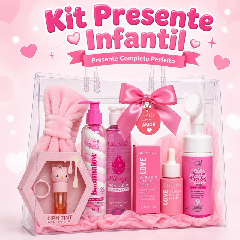 Kit 7 Itens Presente Menina Infantil Skincare Completo Gloss Hello Kitty Sabonete  Faixa Spa Mousse Micelar Sérum Facial