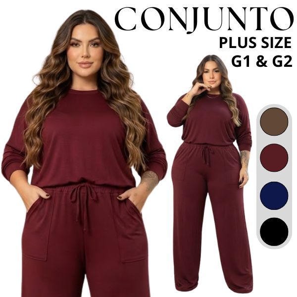 Conjunto Moletinho Plus Size Feminino Pantalona e Blusa Manga Longa Casual Premium G1 & G2 Qualidade Conforto Inverno