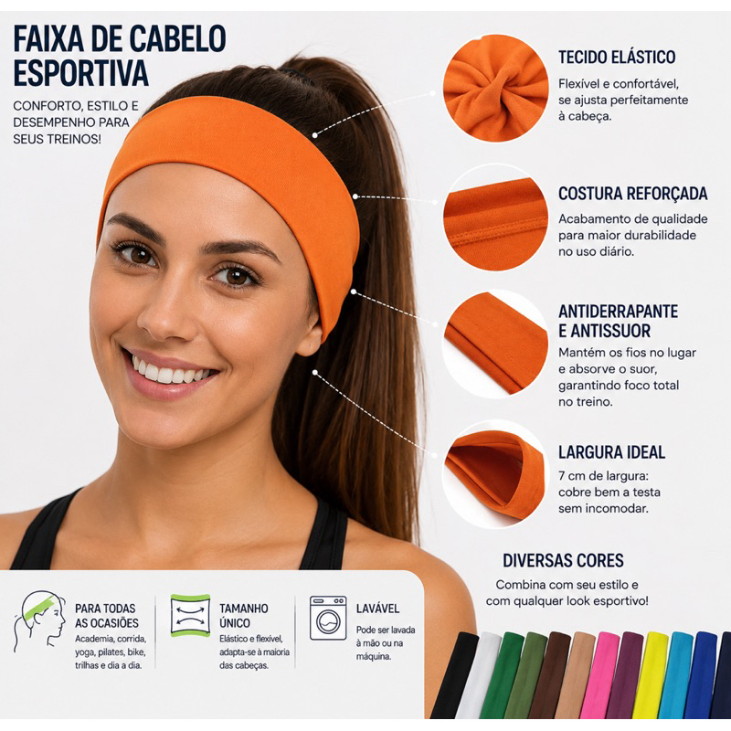 Faixa de Cabelo Feminina Academia Headband Esportiva Antissuor Elástica para Corrida Yoga