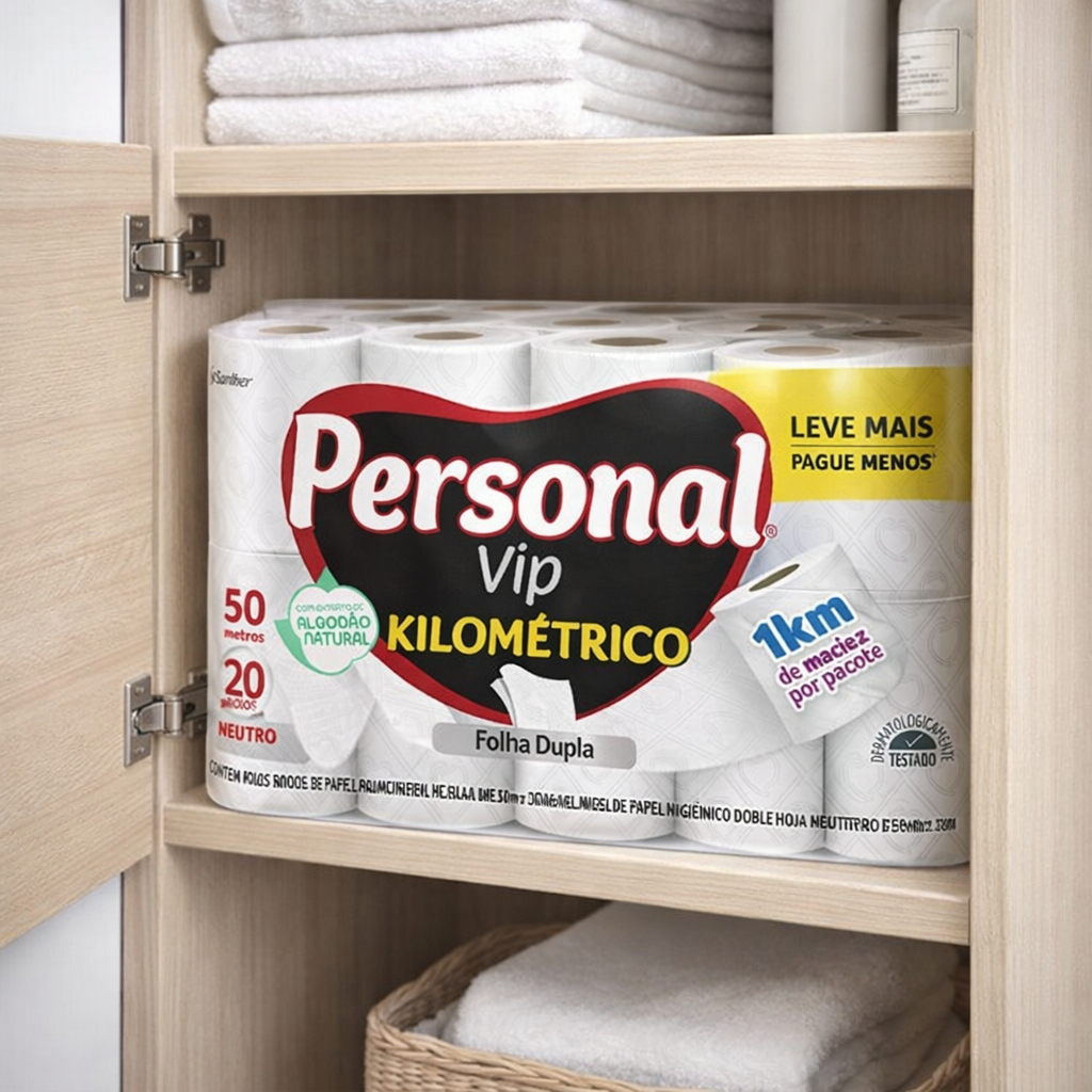 Papel Higiênico Personal Vip Kilometrico 20 Rolos Folha Dupla Extra Macio Alto Rendimento 1km de Papel por Pacote