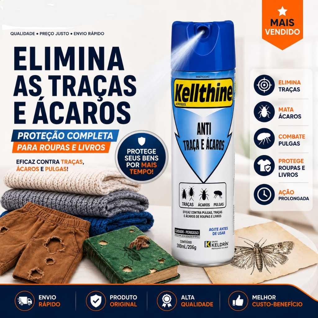 Spray Veneno Anti Traças Ácaros Pulgas Kellthine 360ml Protetor De Roupas Closet Armário Sofá Larvas Insetos Original
