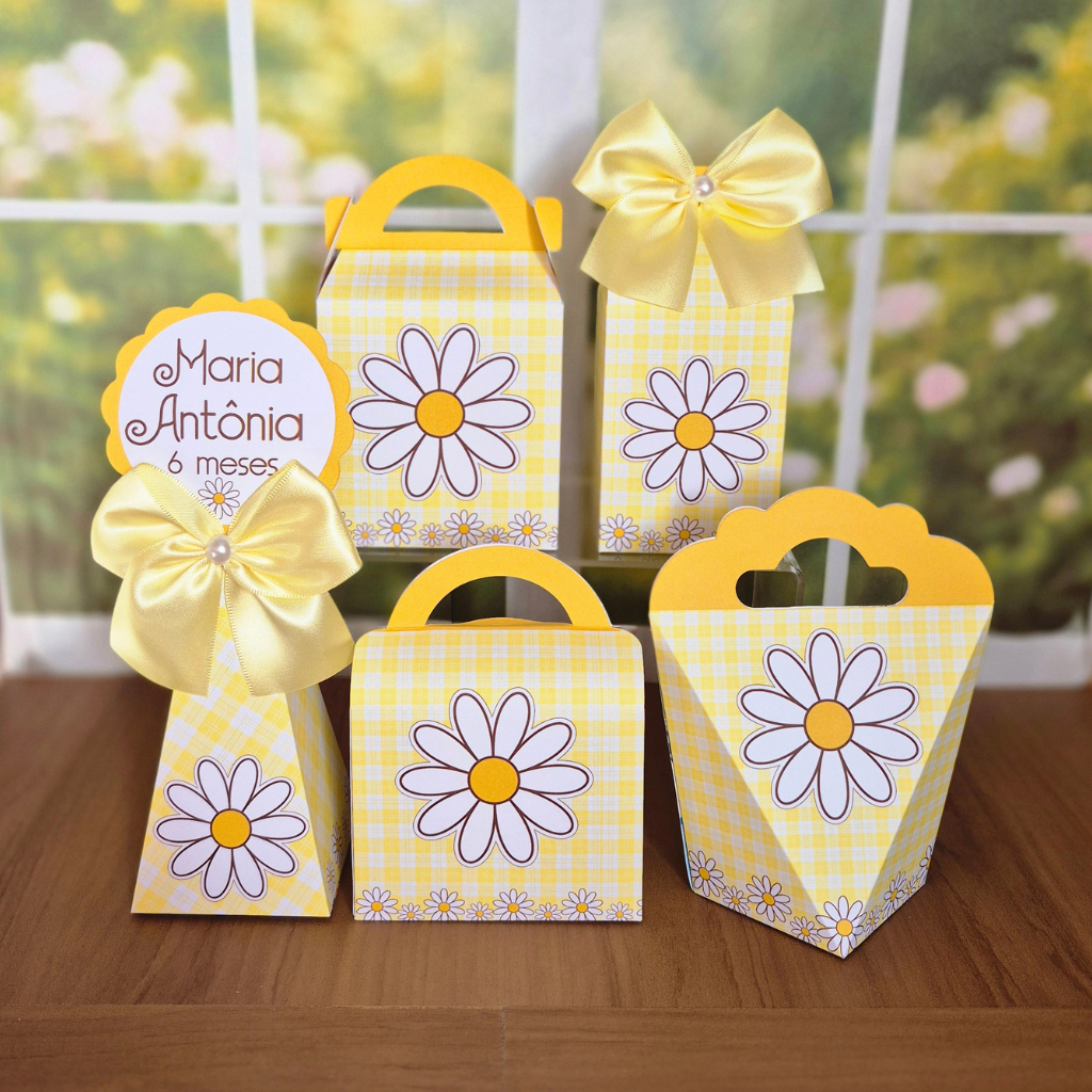 Kit Lembrancinhas Margarida Amarela Caixinhas Decoradas Festa Infantil Chá de Bebê Aniversário Floral