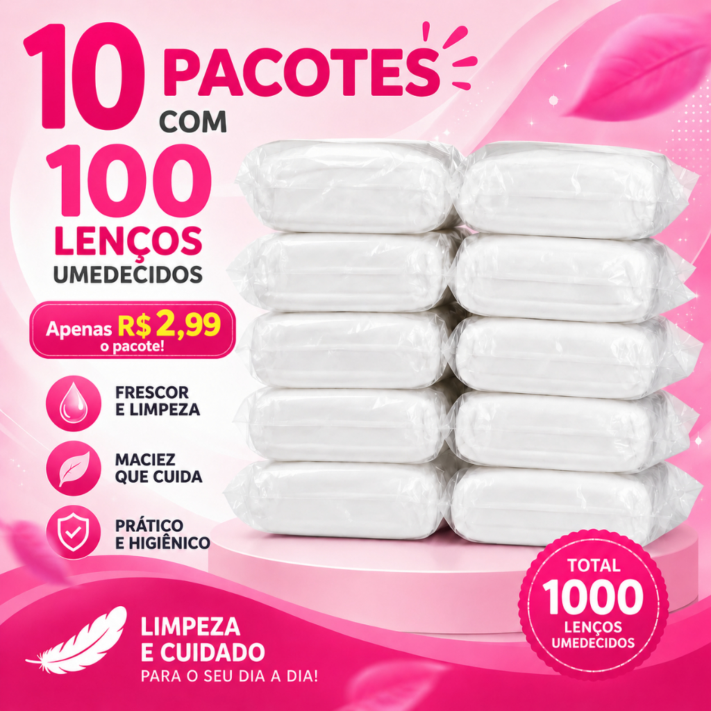 KIT com 10 Pacotes Lenços/Toalhas Umedecidas Premium Total 1.000 Unidades