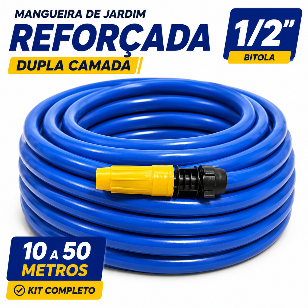 Mangueira Jardim Reforçada 1/2" Kit Completo Esguicho Ajustável Adaptador  Dupla Camada PVC Siliconado Anti-Dobras