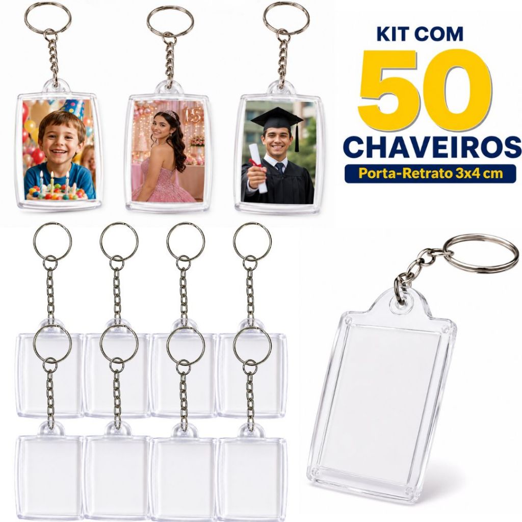 Chaveiro Para Foto 3x4 Acrílico Retangular 50 Unidades