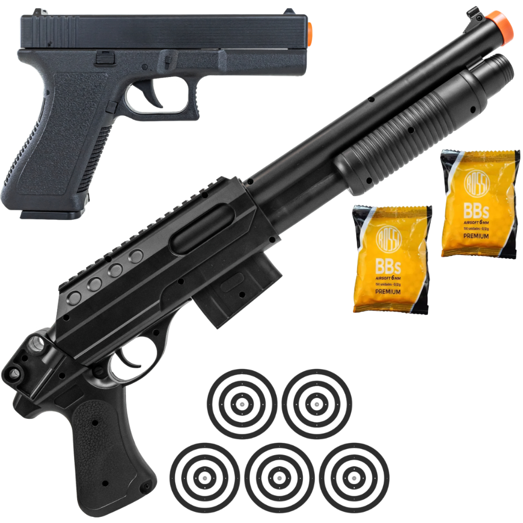 Rifle de Airsoft Shotgun Vg Pump Tatical Short Mola 6mm + Escolha seu KIT: