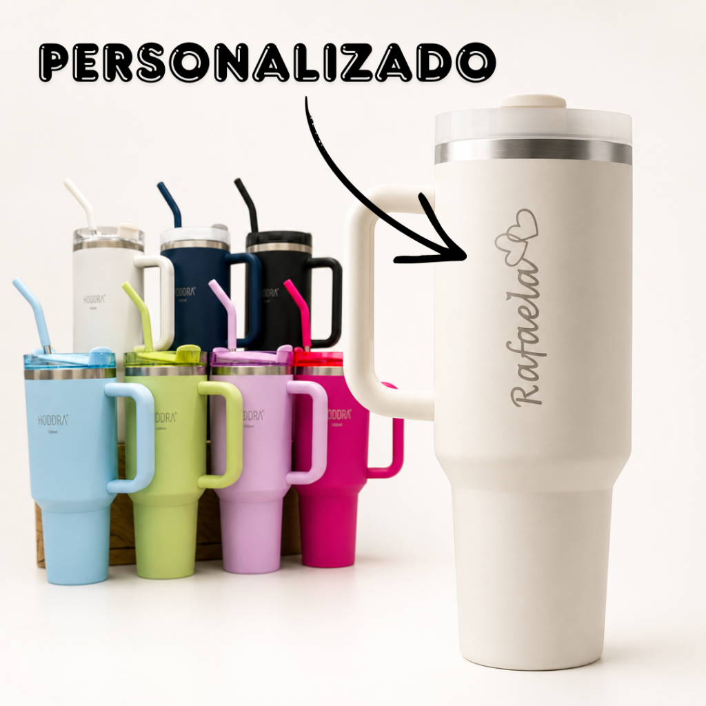 Copo Térmico Grande 1200ml Personalizado Com Nome Canudo Inox Garrafa Térmica Academia