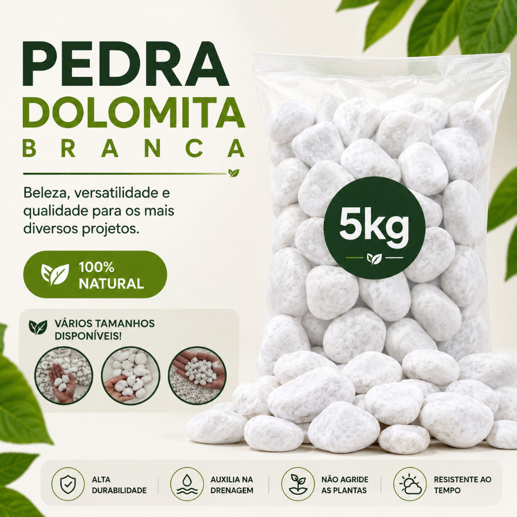 Pedra Seixo Branco Dolomita 5Kg Natural para Jardim, Vasos, Aquário, Paisagismo e Decoração Branca