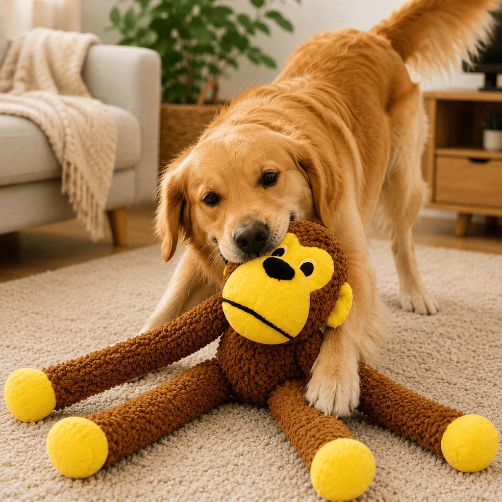 Brinquedo para Cachorro Mordedor de Pelúcia Macaco Grande com Apito Interativo Pet