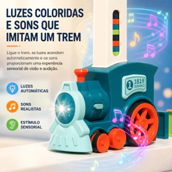 Brinquedo Trem de Dominó Automático Direção Ajustável com 34 Peças Luz Colorida Presente Educativo Menino Menina