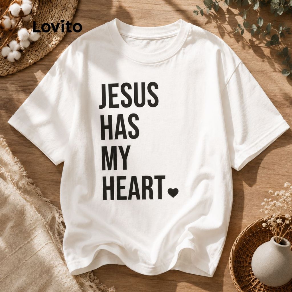 Lovito Camiseta Casual Feminina com Estampa Jesus Has My Heart TSB17541784