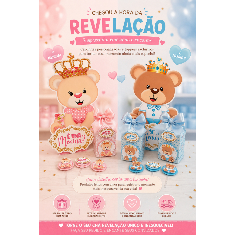 Kit CHÁ REVELAÇÃO ursinhos rosa e azul | festa chá revelação | personalizados chá revelação