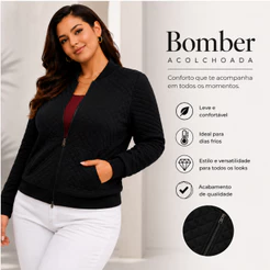 Casaco Bomber Feminino Matelassê Com Zíper Bolso Frio Inverno Moda Casual Tamanhos