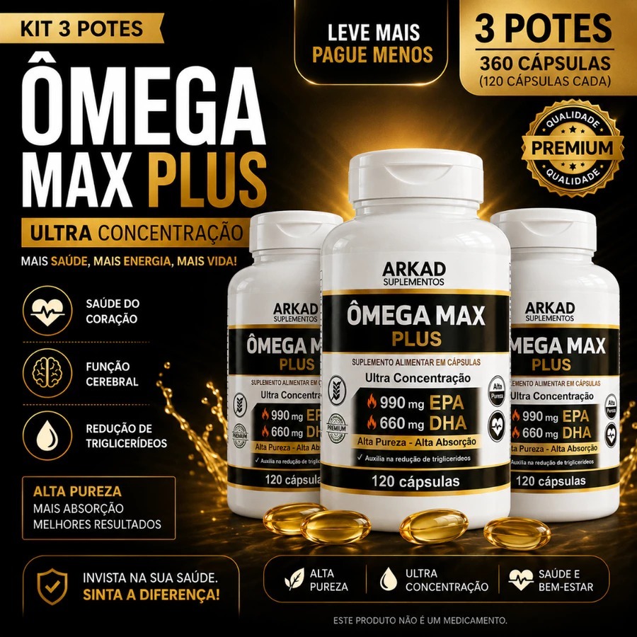 Kit 3 Ômega 3 Ultra Concentrado EPA DHA 120 Cápsulas Alta Pureza Ômega Max Plus