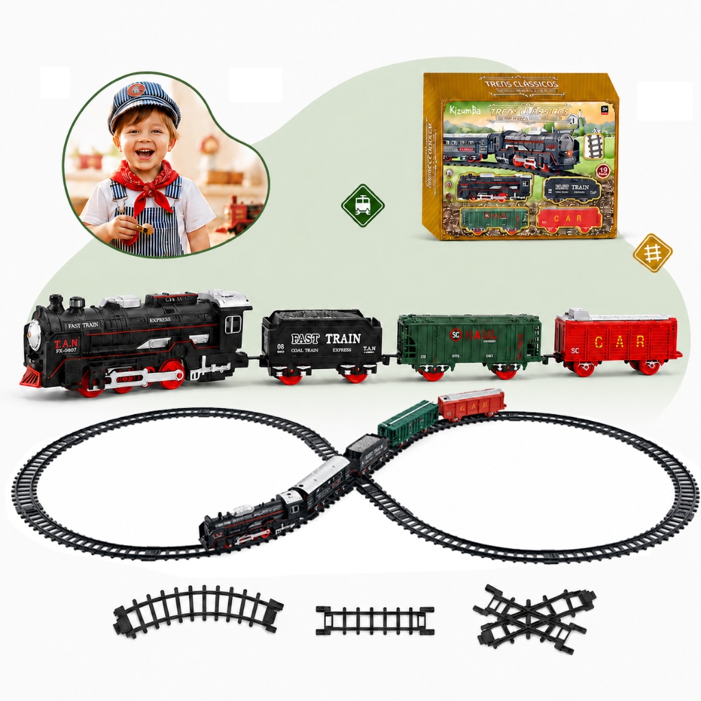 Trenzinho Elétrico Locomotiva Infantil Maria Fumaça Com Luz Som Trilho Brinquedo Educativo Kizumba