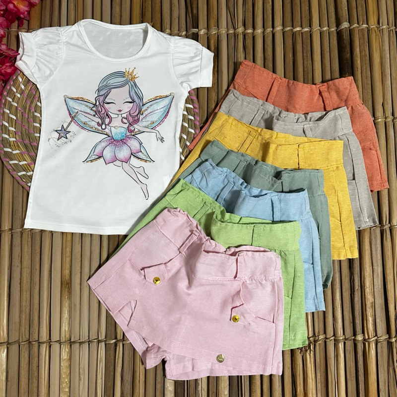 CONJUNTO INFANTIL FEMININO BLUSINHA ESTAMPADA + SHORTS LINHO COLORIDO MODA VERÃO TAM 4 AO 8